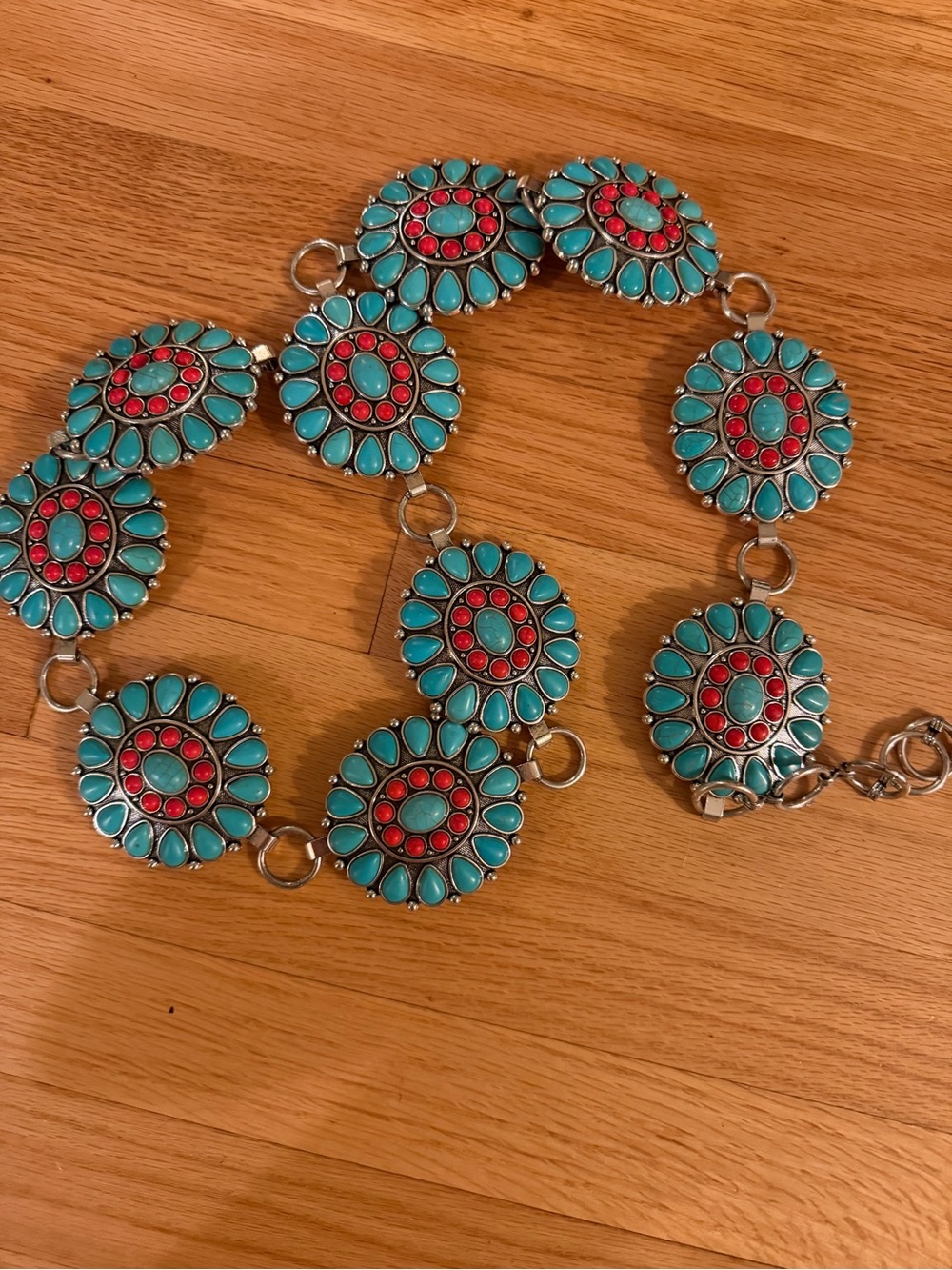 Turquoise and Coral Floral Link belt-